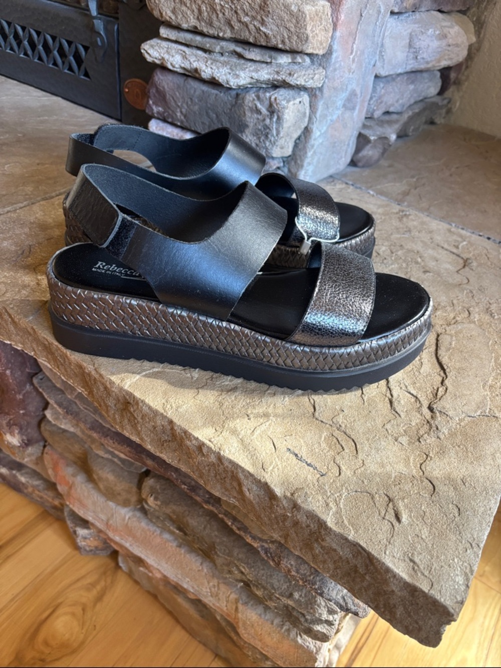 Rebecca Minkoff Black Metallic Woven-Trim Platform Sandals